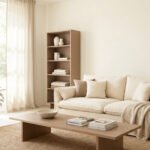 Salon minimaliste aux tons beiges avec canapé confortable, table basse en bois et plantes dans des pots en terre cuite.