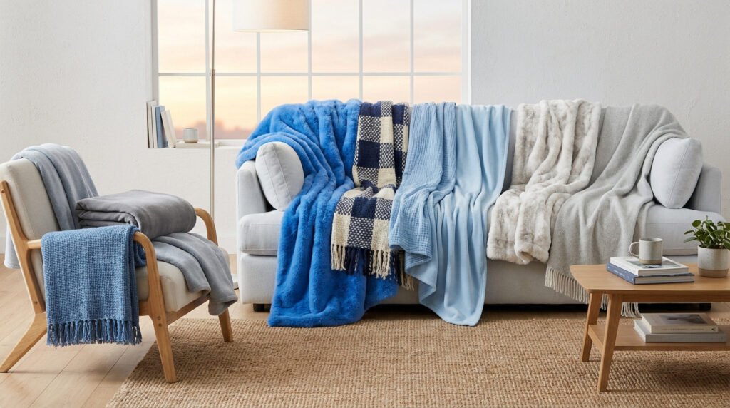 Salon lumineux avec un canapé et un fauteuil ornés de plaids de différentes textures et nuances de bleu.