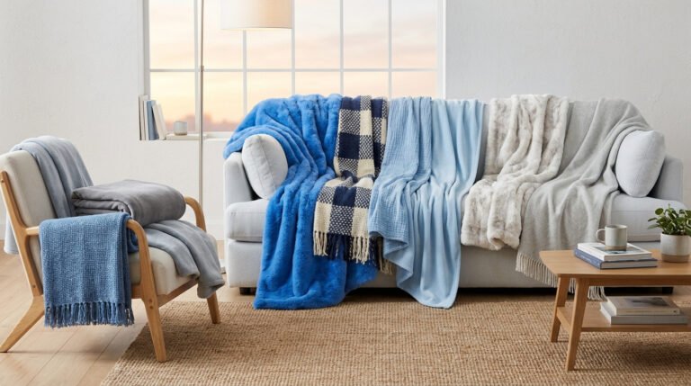 Salon lumineux avec un canapé et un fauteuil ornés de plaids de différentes textures et nuances de bleu.