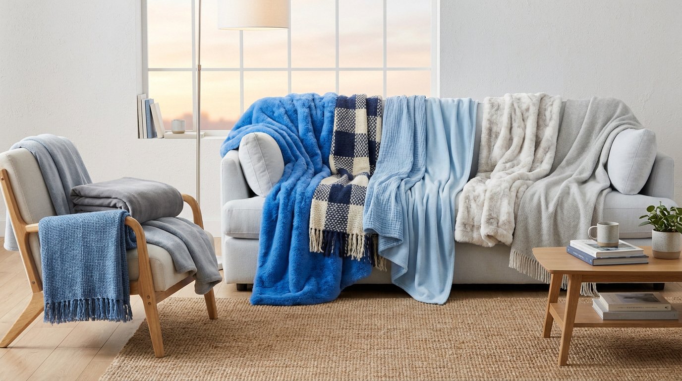 Salon lumineux avec un canapé et un fauteuil ornés de plaids de différentes textures et nuances de bleu.