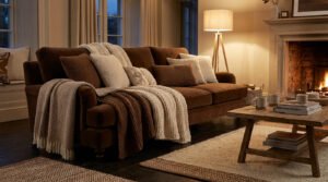 Canapé en velours marron agrémenté de plaids et coussins texturés dans un salon chaleureux avec cheminée.