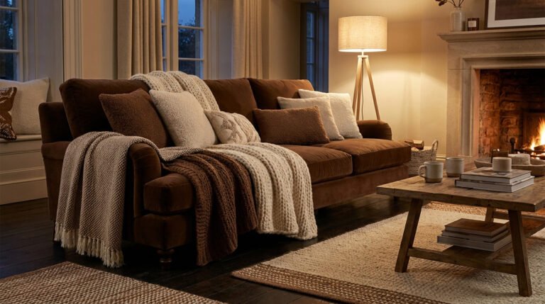 Canapé en velours marron agrémenté de plaids et coussins texturés dans un salon chaleureux avec cheminée.