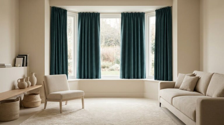 Salon beige avec de grands rideaux isolants bleu pétrole installés sur une baie vitrée.
