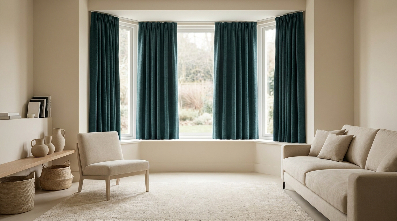 Salon beige avec de grands rideaux isolants bleu pétrole installés sur une baie vitrée.