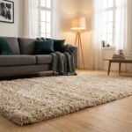 Salon lumineux avec un grand tapis shaggy beige doux au sol, un canapé gris et une décoration chaleureuse.
