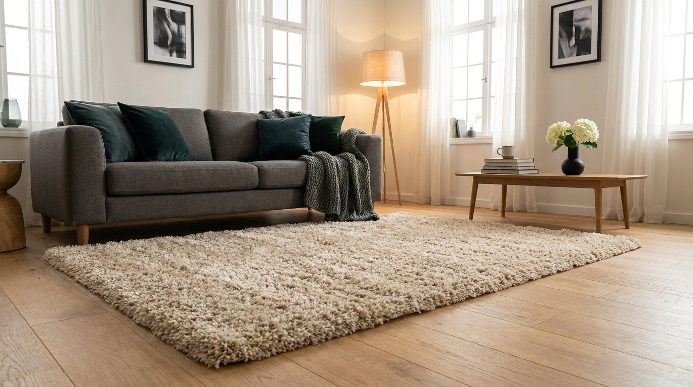 Salon lumineux avec un grand tapis shaggy beige doux au sol, un canapé gris et une décoration chaleureuse.