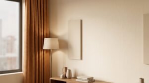 Panneaux acoustiques muraux beiges dans un salon moderne et chaleureux avec rideaux ocres.