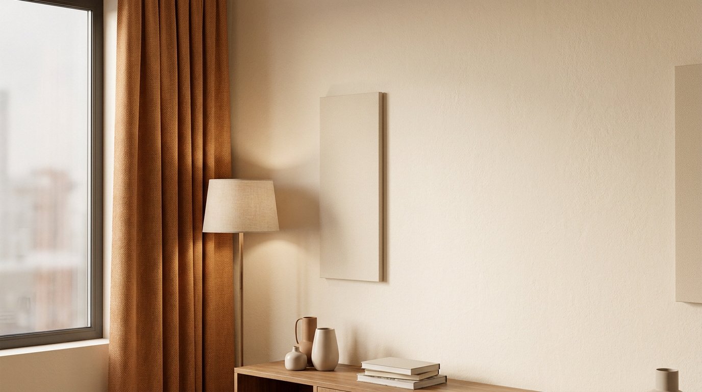 Panneaux acoustiques muraux beiges dans un salon moderne et chaleureux avec rideaux ocres.