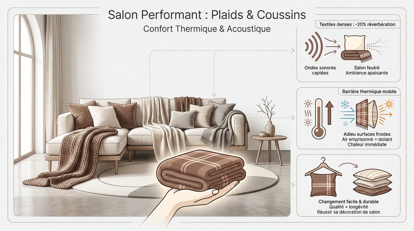 Ambiance de salon cosy avec plaids et coussins optimisant le confort thermique et acoustique