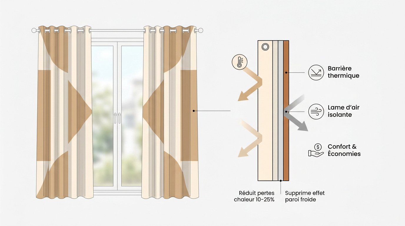 Schéma technique du fonctionnement d'un rideau thermique créant une barrière isolante contre le froid