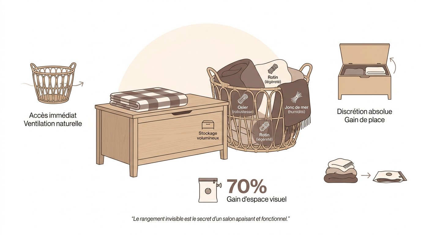 Solutions de rangement pour plaids dans un salon au style scandinave avec paniers et coffres