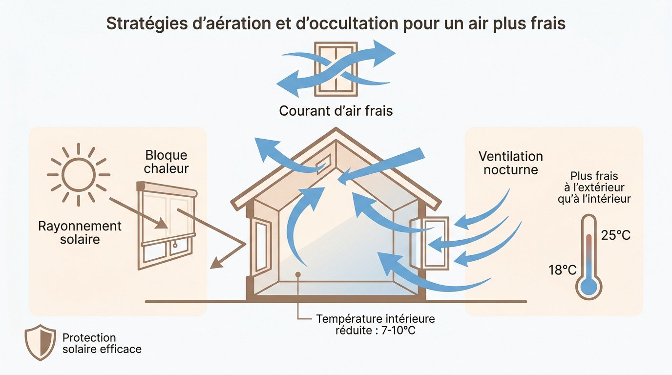 Illustration des techniques d'aération et d'occultation pour rafraîchir une chambre en été