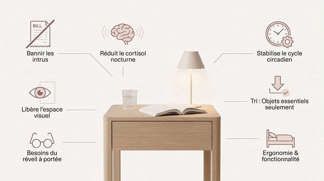 table de chevet minimaliste et ordonnée pour un sommeil serein