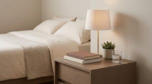 Table de chevet en bois avec lampe, livres empilés, petite plante succulente et un verre d'eau, près d'un lit douillet.
