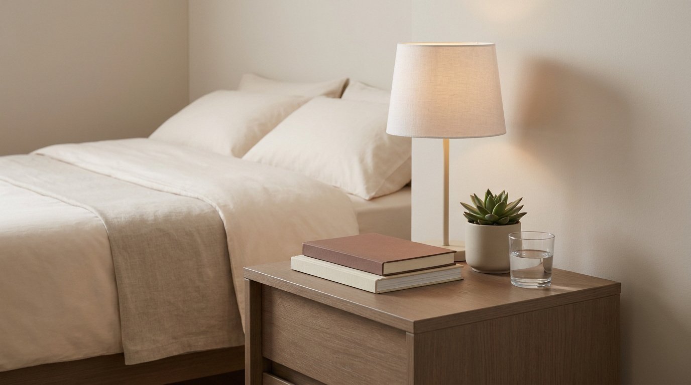 Table de chevet en bois avec lampe, livres empilés, petite plante succulente et un verre d'eau, près d'un lit douillet.