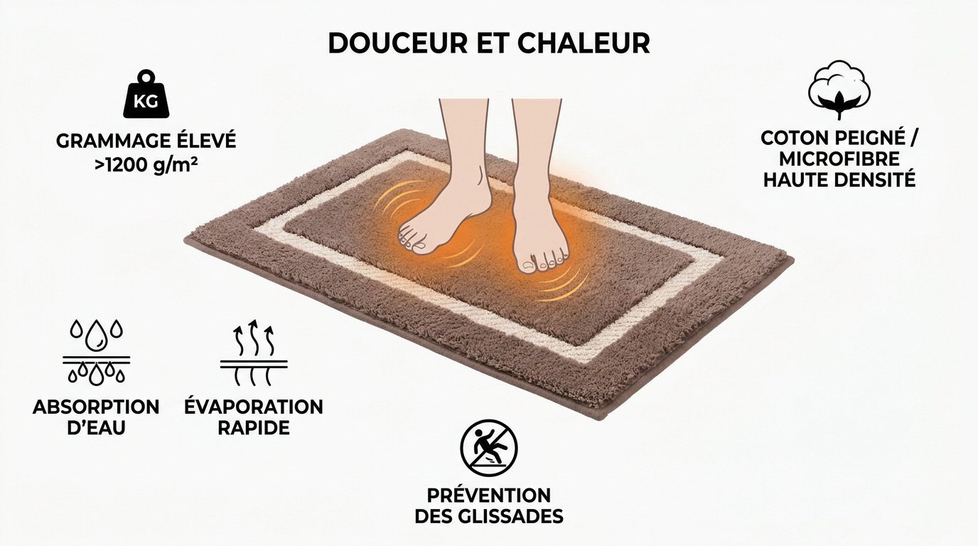 Tapis de salle de bain moelleux et épais sur un carrelage moderne