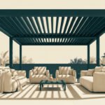 Salon de jardin confortable sous une pergola à lames orientables sur une terrasse ensoleillée.