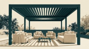 Salon de jardin confortable sous une pergola à lames orientables sur une terrasse ensoleillée.