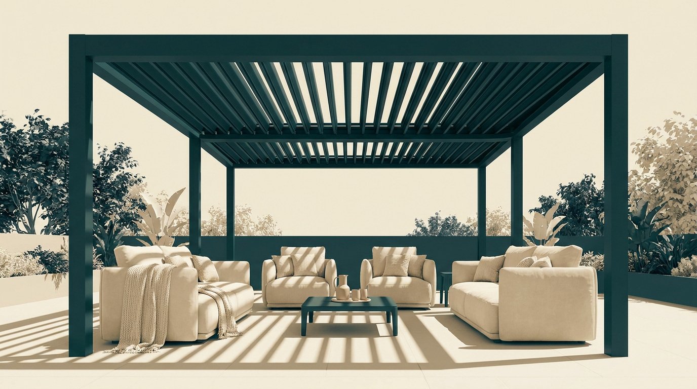 Salon de jardin confortable sous une pergola à lames orientables sur une terrasse ensoleillée.