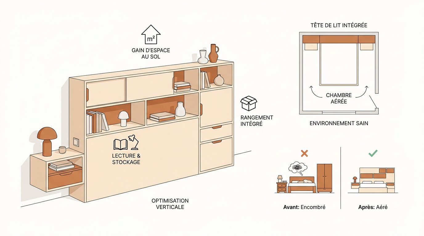 Tête de lit avec rangements intégrés et niches latérales pour optimiser l'espace d'une petite chambre
