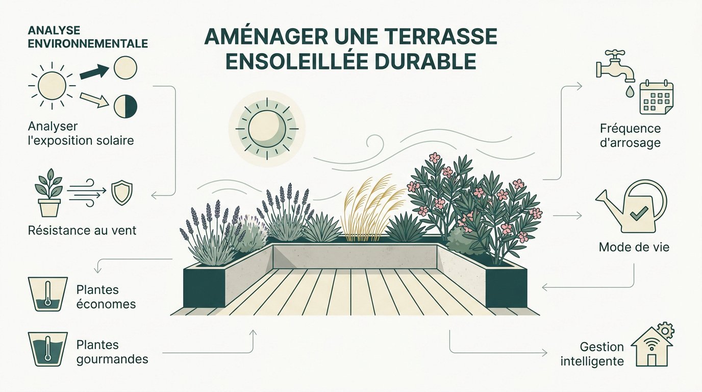 Aménagement d'une terrasse ensoleillée avec des plantes résistantes et durables