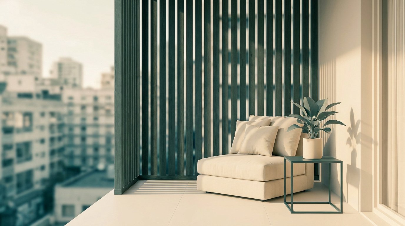Fauteuil confortable sur un balcon avec claustra en bois vertical offrant intimité et vue sur la ville.