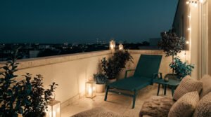 Balcon de ville la nuit éclairé par des lanternes et guirlandes lumineuses, avec un transat et des plantes en pots.