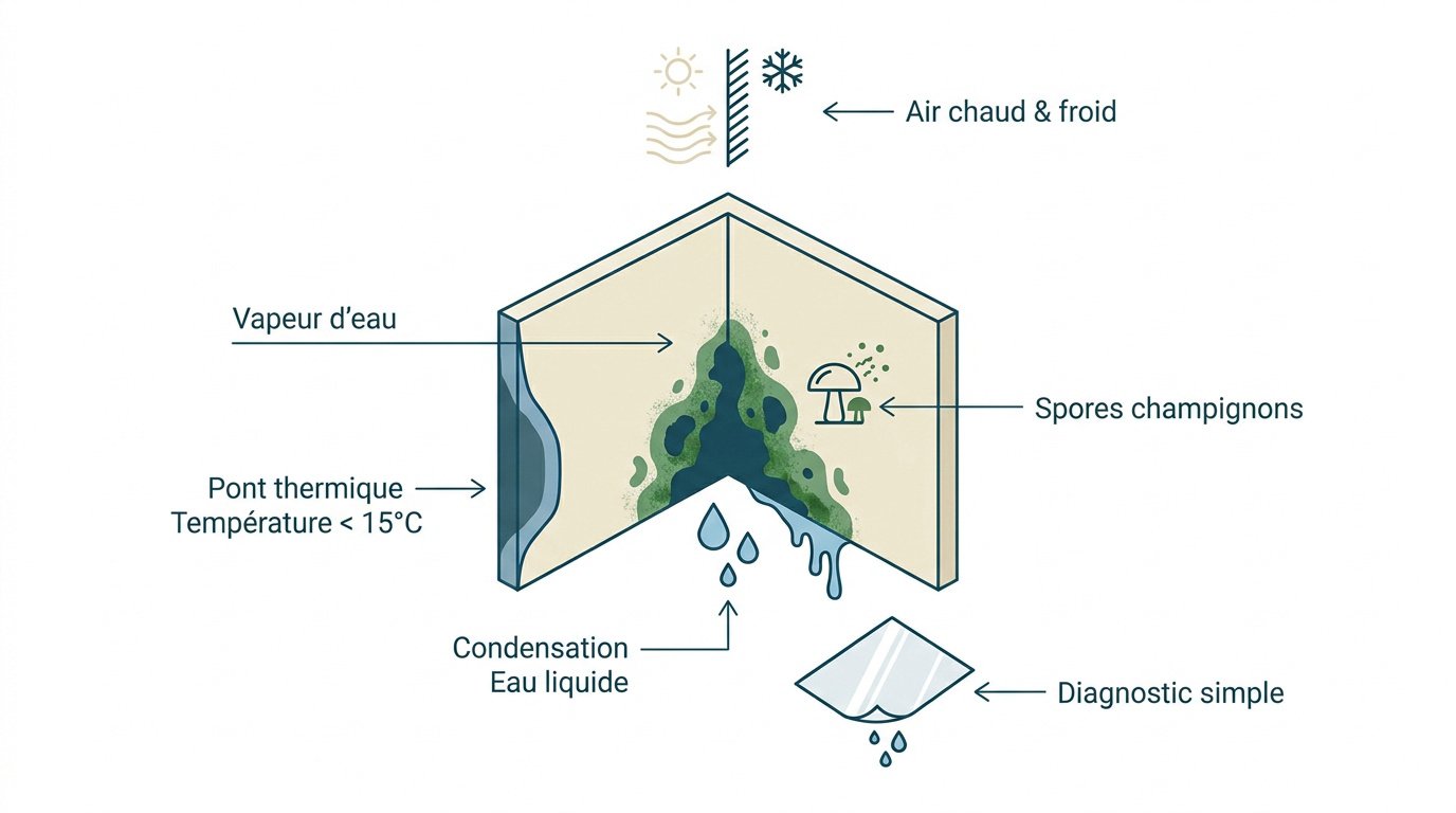 Schéma technique des causes de moisissure dans l'angle d'un mur intérieur