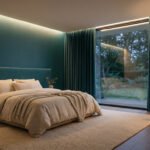 Chambre moderne avec rideaux épais en velours vert, lit confortable et éclairage d'ambiance tamisé.
