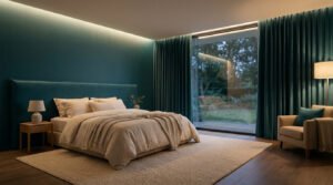 Chambre moderne avec rideaux épais en velours vert, lit confortable et éclairage d'ambiance tamisé.