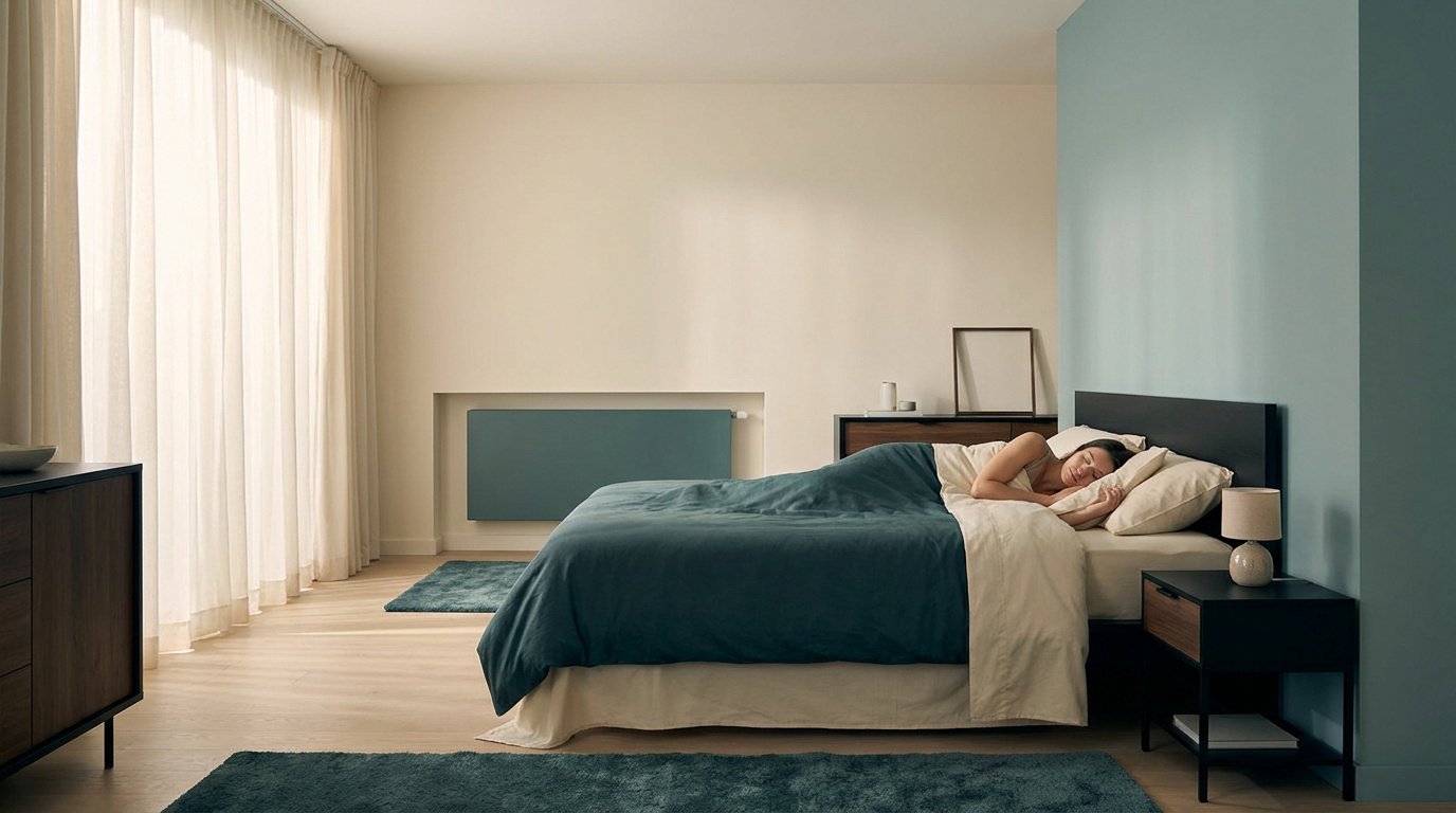 Une femme dort paisiblement dans un lit avec un radiateur design assorti aux couleurs de la chambre sur le mur.