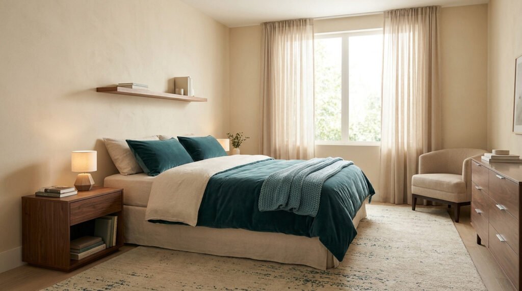 Une chambre épurée avec un lit, des meubles en bois, des rideaux clairs et une décoration minimaliste.