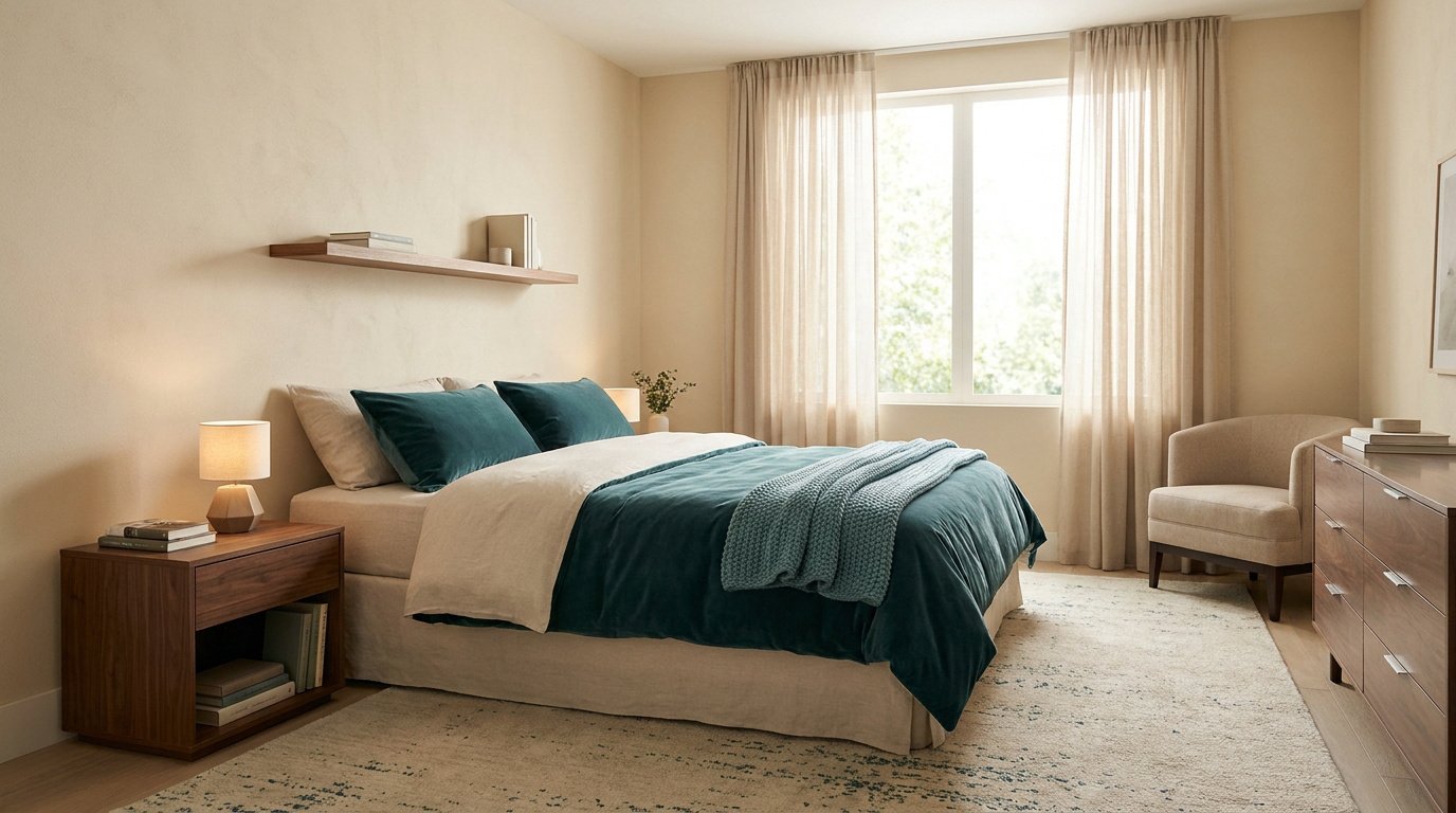 Une chambre épurée avec un lit, des meubles en bois, des rideaux clairs et une décoration minimaliste.