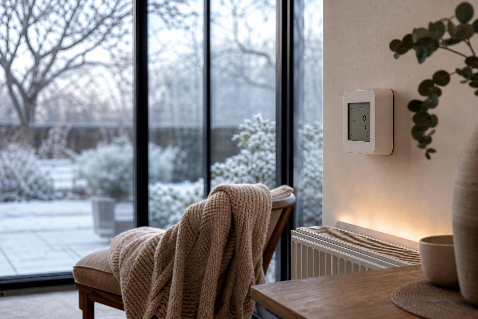 Thermostat et chauffage dans une véranda en hiver