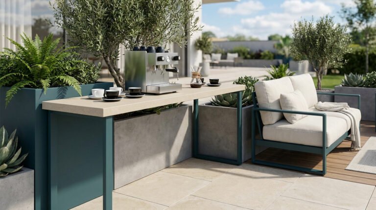 Une terrasse moderne avec une machine à café sur une console entourée de plantes et d'un canapé confortable.