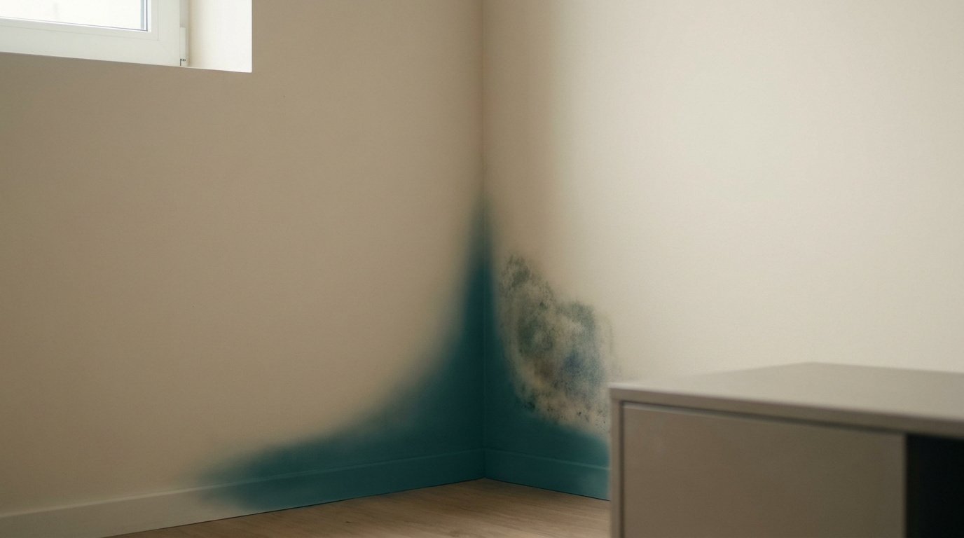 Taches de moisissure sombre se développant dans l'angle d'un mur blanc près d'une fenêtre.