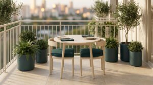 Balcon aménagé avec une table ronde, deux chaises à coussins vert foncé et plusieurs plantes en pots.