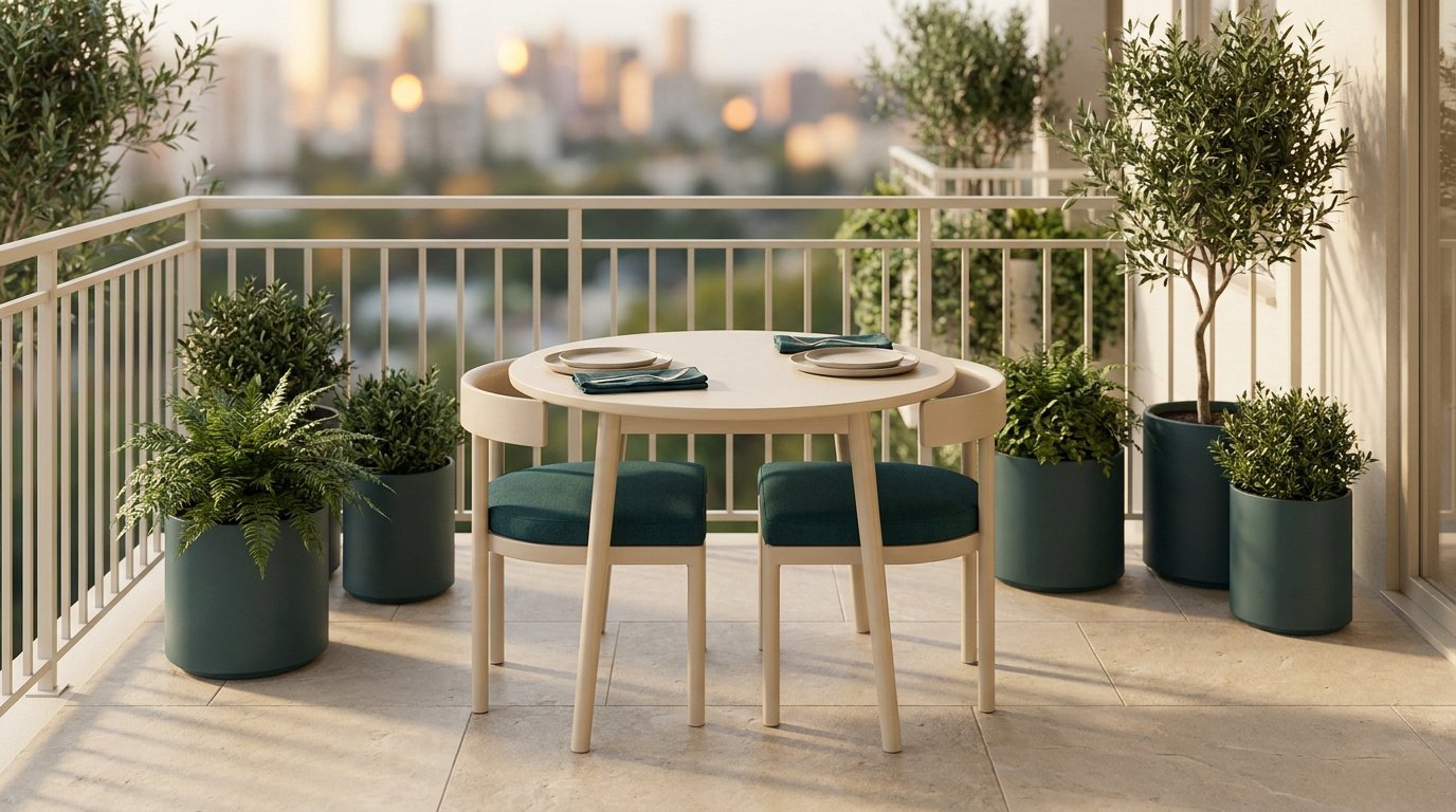 Balcon aménagé avec une table ronde, deux chaises à coussins vert foncé et plusieurs plantes en pots.