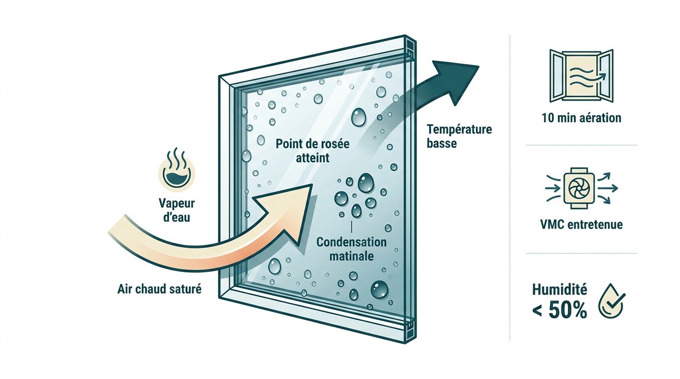 Schéma explicatif du point de rosée et de la condensation sur une fenêtre le matin