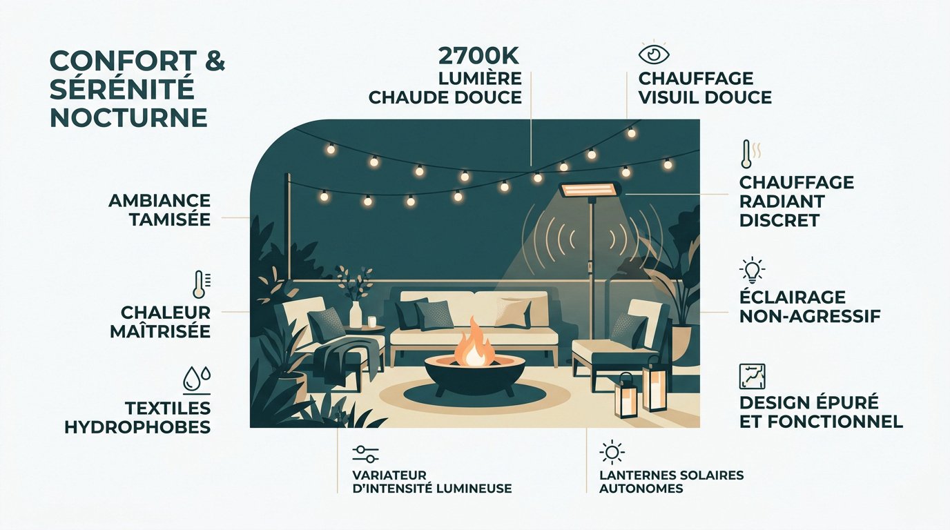 Ambiance nocturne chaleureuse sur une terrasse avec éclairage tamisé et coussins moelleux