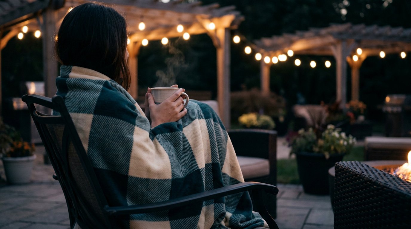 Femme enroulée dans un plaid à carreaux, tenant une tasse chaude sur une terrasse éclairée par des guirlandes.