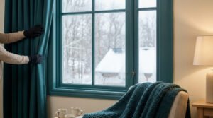 Une personne portant des gants fermant un rideau épais devant une fenêtre givrée avec un paysage enneigé en arrière-plan.