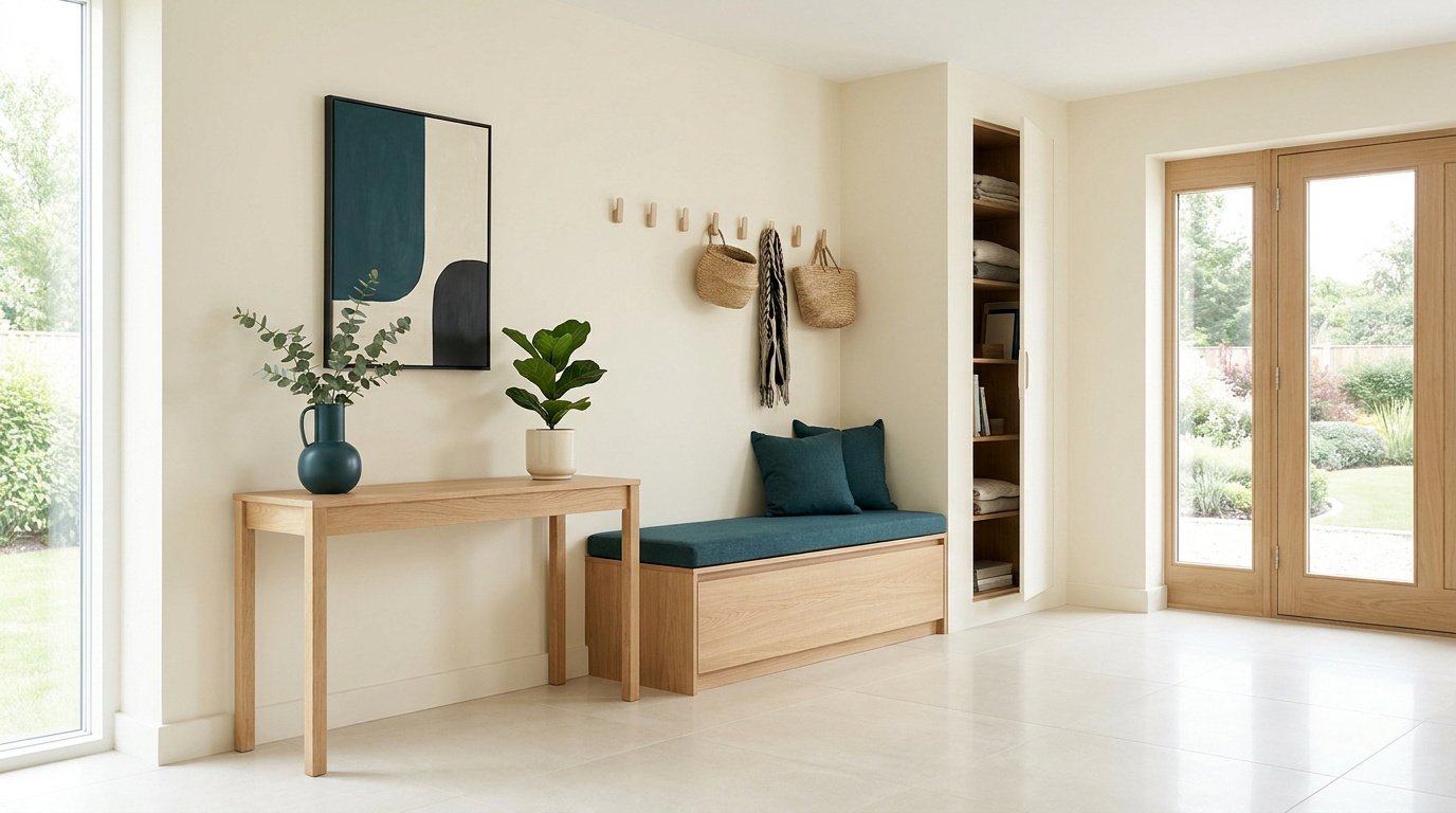 Entrée moderne avec console en bois clair, banc de rangement, décorations aux tons bleu pétrole et vue sur jardin.