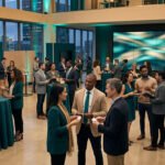 Un groupe diversifié de professionnels en tenue de travail discute lors d'un événement de networking dans un bureau moderne.