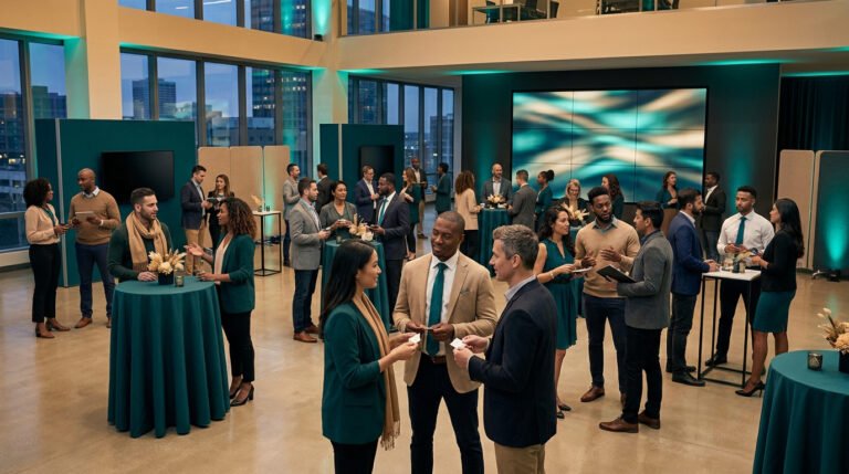 Un groupe diversifié de professionnels en tenue de travail discute lors d'un événement de networking dans un bureau moderne.
