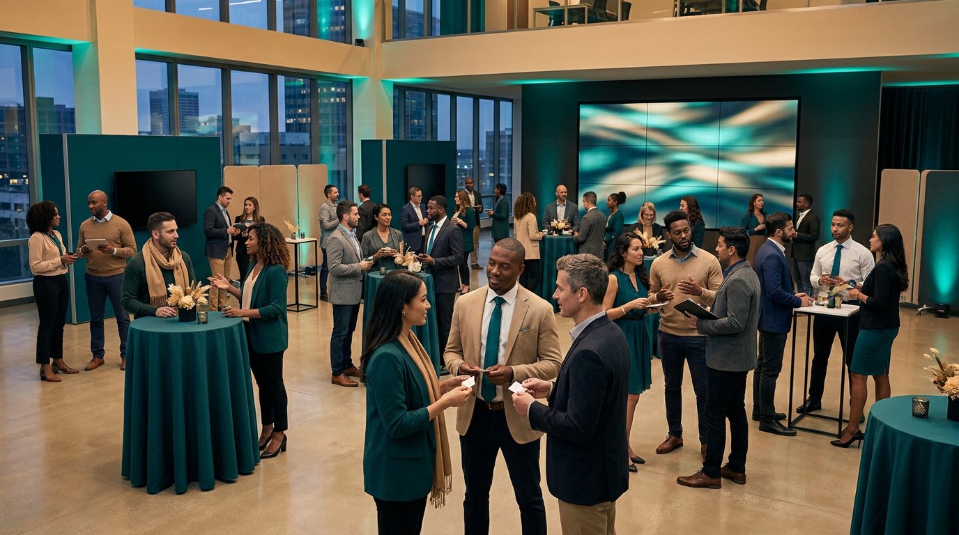 Un groupe diversifié de professionnels en tenue de travail discute lors d'un événement de networking dans un bureau moderne.