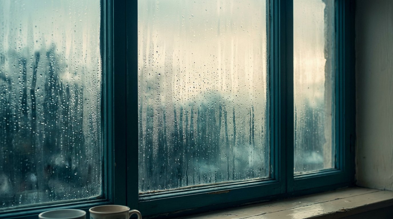 Gros plan sur une fenêtre embuée couverte de gouttes d'eau le matin, avec deux tasses posées sur le rebord.