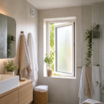 Photo réaliste illustrant humidité salle de bain aération dans l’univers Plaisir Douillet — confort maison