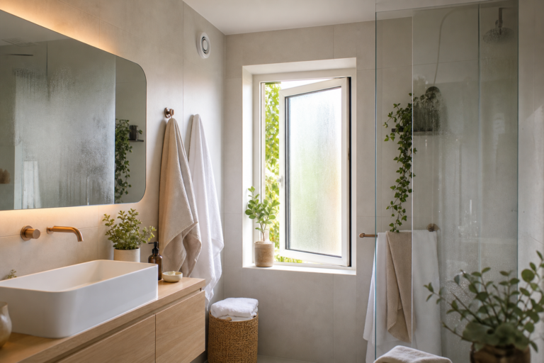Photo réaliste illustrant humidité salle de bain aération dans l’univers Plaisir Douillet — confort maison
