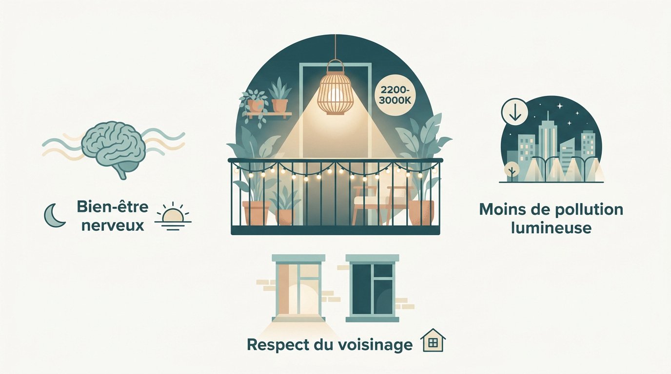 Infographie conseils pour un éclairage de balcon doux et responsable